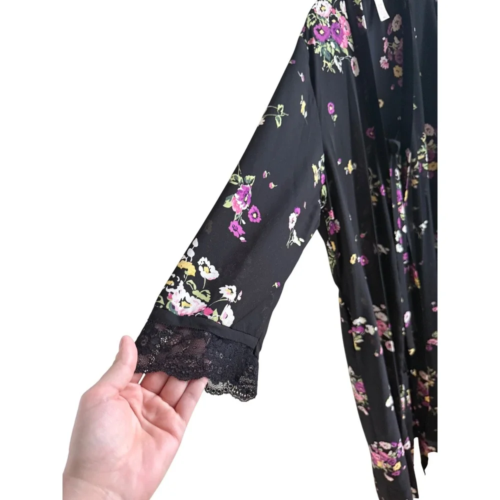 Oscar de la Renta Pink Label Floral Lace‎ Kimono Robe XL Black Romantic Luxury - Picture 3 of 5